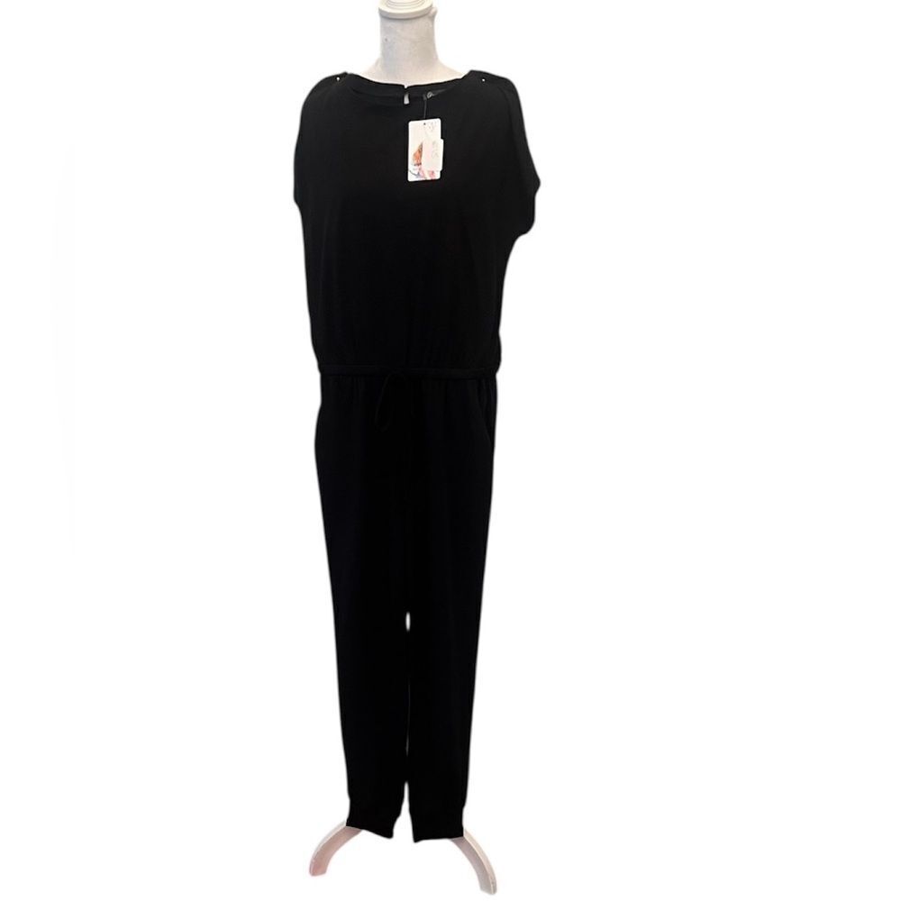 NWT Pretty Garden black szS cap sleeve elastic waist pockets knit jumpsuit
